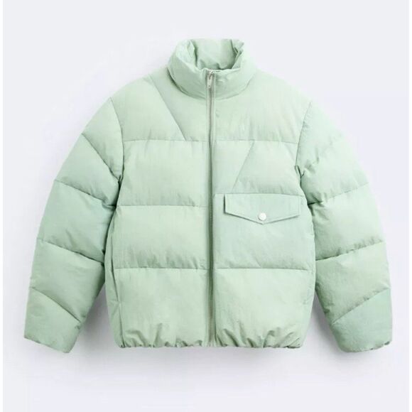 Zara Puffer Jacket Men's Green Mock Neck Long Sleeve Pocket Detail Zip-Up Small - Picture 7 of 17
